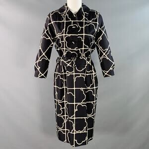 BARNEY'S NEW YORK Size 4 Navy White Silk Twill Geometric Belted Shirt Dress